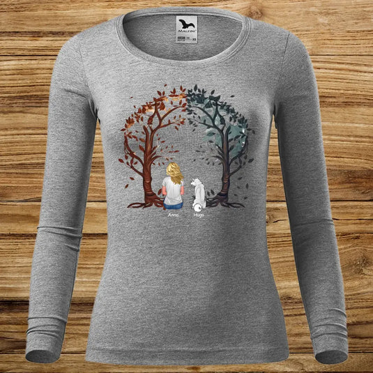 Dámské tričko se psem - Dlouhý rukáv - Stromy