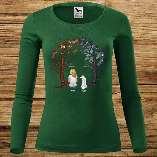 Dámské tričko se psem - Dlouhý rukáv - Stromy