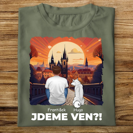 Pánské tričko se psem - Jdeme Ven Město červené