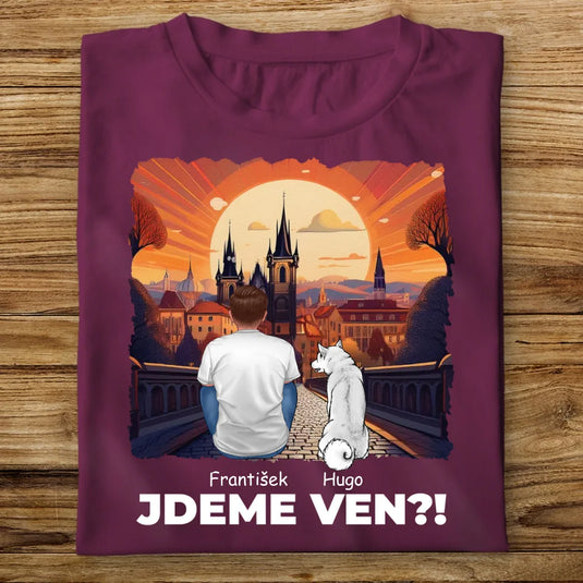 Pánské tričko se psem - Jdeme Ven Město červené