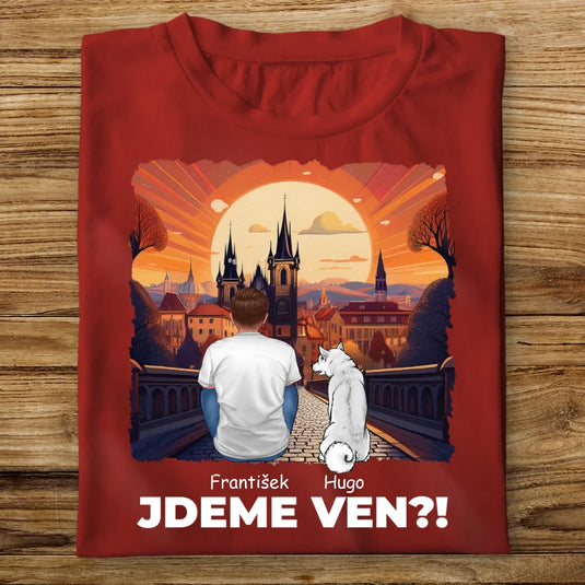 Pánské tričko se psem - Jdeme Ven Město červené