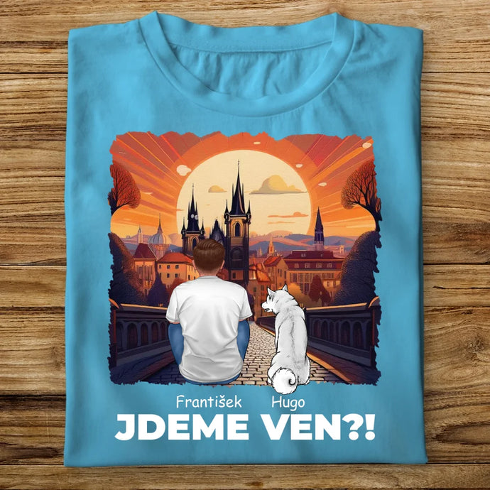 Pánské tričko se psem - Jdeme Ven Město červené
