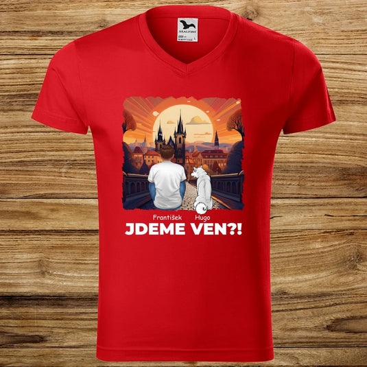 Pánské tričko se psem - Jdeme Ven Město červené