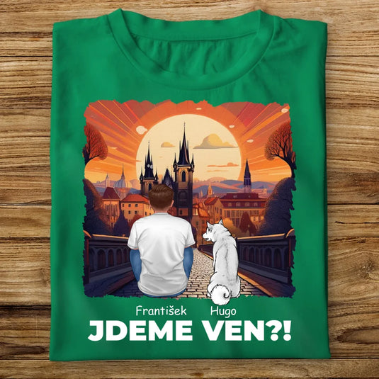 Pánské tričko se psem - Jdeme Ven Město červené