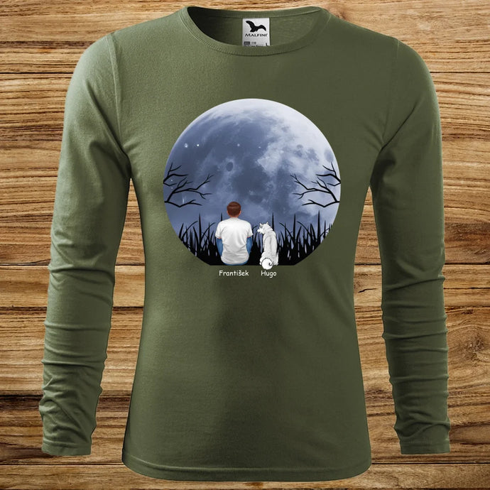 Pánské tričko se psem - Dlouhý rukáv - Měsíc - muž a pes