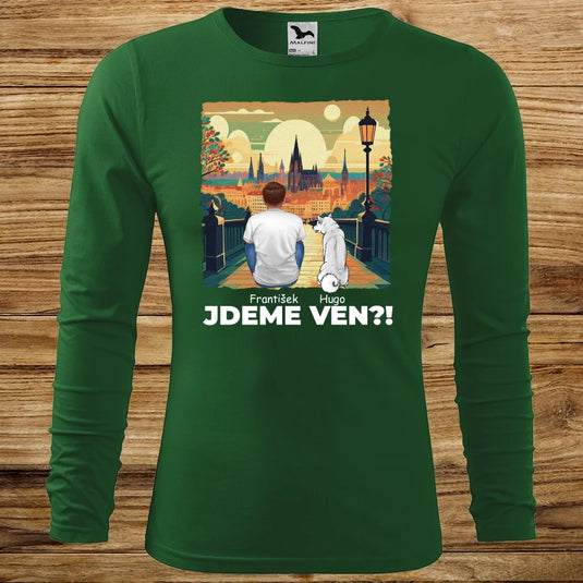 Pánské tričko se psem - Dlouhý rukáv - Jdeme Ven Město zelené