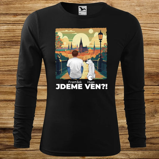 Pánské tričko se psem - Dlouhý rukáv - Jdeme Ven Město zelené