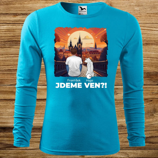 Pánské tričko se psem - Dlouhý rukáv - Jdeme Ven Město červené