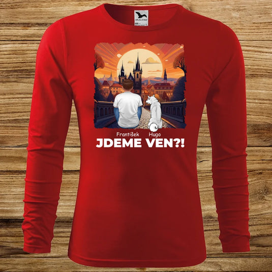 Pánské tričko se psem - Dlouhý rukáv - Jdeme Ven Město červené