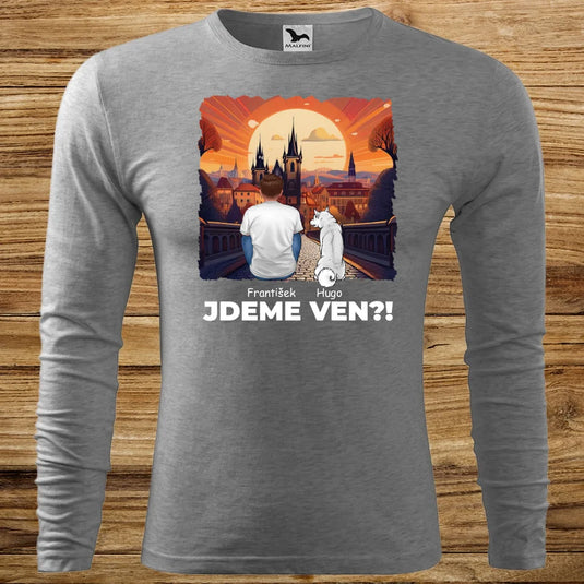 Pánské tričko se psem - Dlouhý rukáv - Jdeme Ven Město červené
