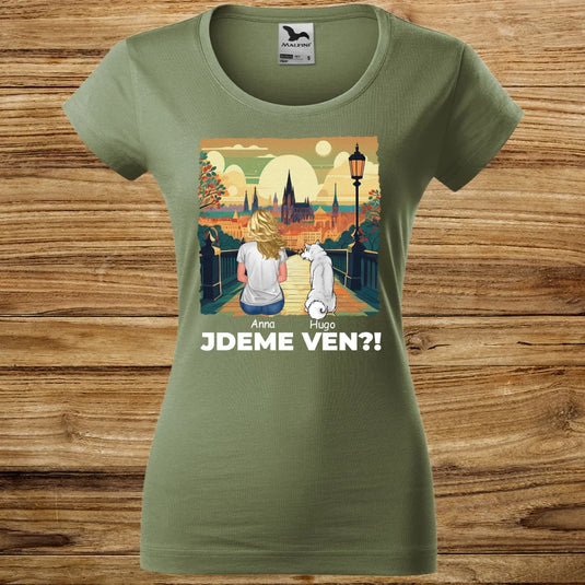 Dámské tričko se psem - Jdeme Ven Město zelené