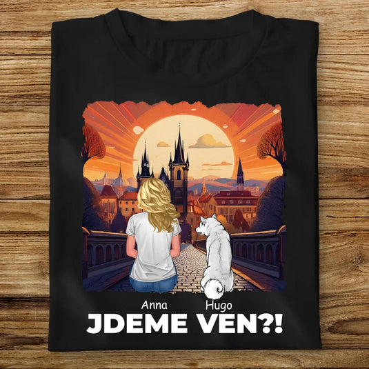 Dámské tričko se psem - Jdeme Ven Město červené