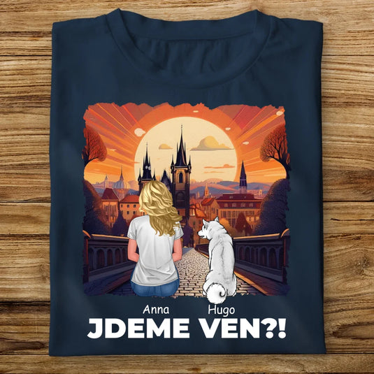 Dámské tričko se psem - Jdeme Ven Město červené