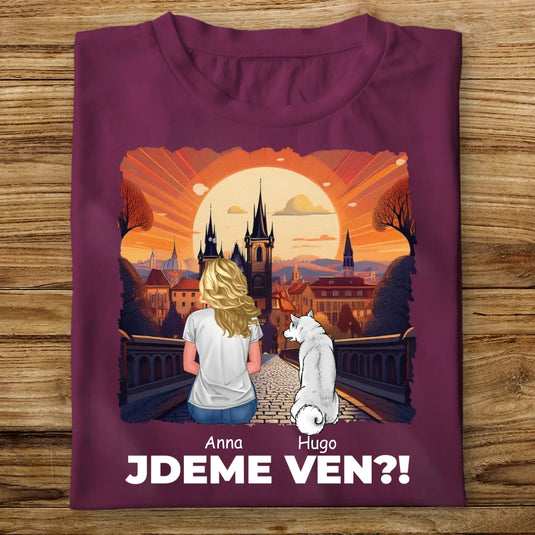 Dámské tričko se psem - Jdeme Ven Město červené