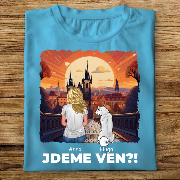 Dámské tričko se psem - Jdeme Ven Město červené