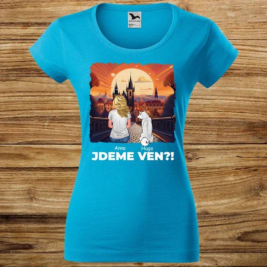 Dámské tričko se psem - Jdeme Ven Město červené