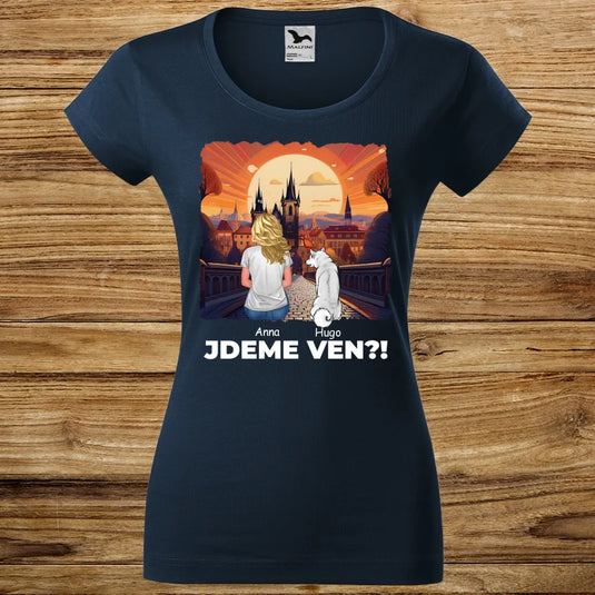 Dámské tričko se psem - Jdeme Ven Město červené