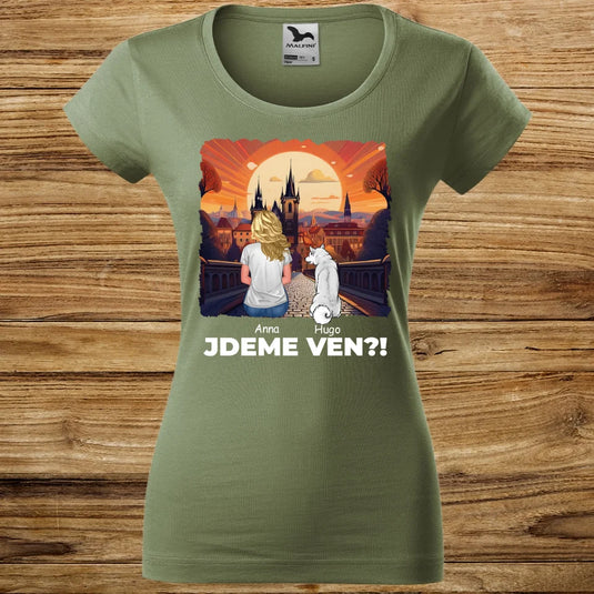 Dámské tričko se psem - Jdeme Ven Město červené