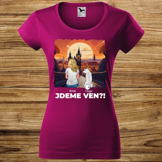 Dámské tričko se psem - Jdeme Ven Město červené