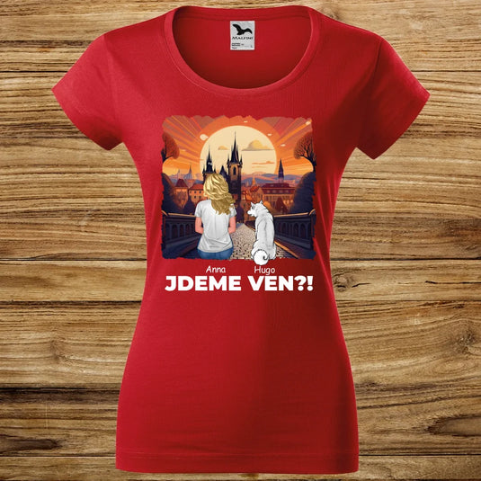 Dámské tričko se psem - Jdeme Ven Město červené