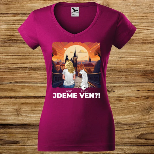 Dámské tričko se psem - Jdeme Ven Město červené
