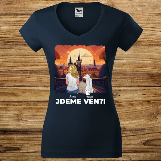 Dámské tričko se psem - Jdeme Ven Město červené