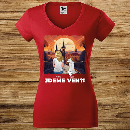 Dámské tričko se psem - Jdeme Ven Město červené