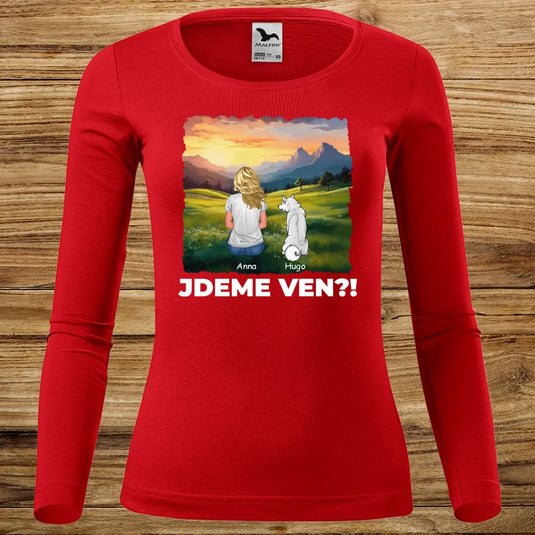 Dámské tričko se psem - Dlouhý rukáv - Jdeme Ven Hory