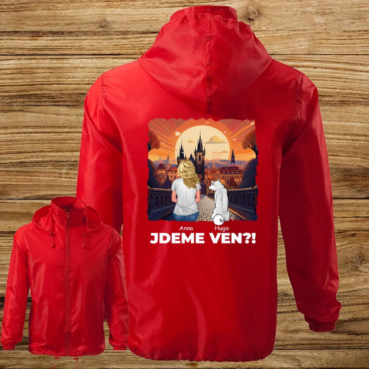 Unisex Větrovka se psem - Žena - Jdeme Ven Město červené