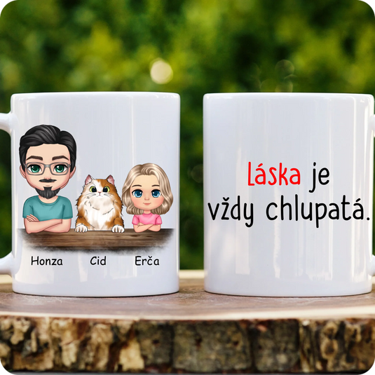 Hrníček - Chibi muž a dítě s kočkou