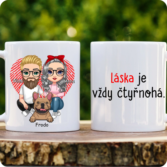 Hrníček - Sedící Chibi pár se psem