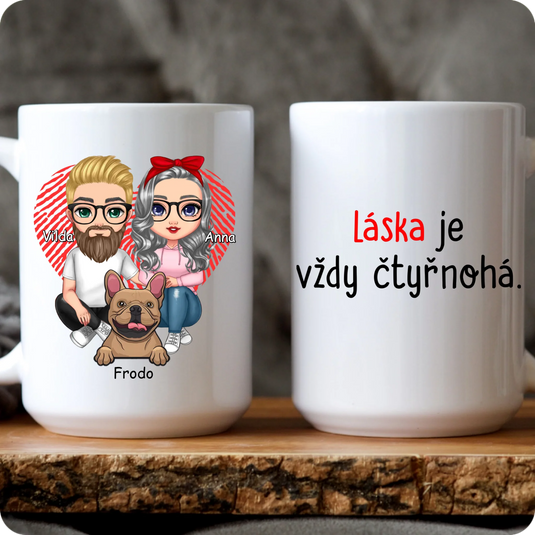 Hrníček - Sedící Chibi pár se psem