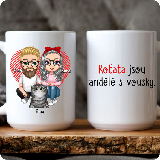 Hrníček - Sedící Chibi pár s kočkou