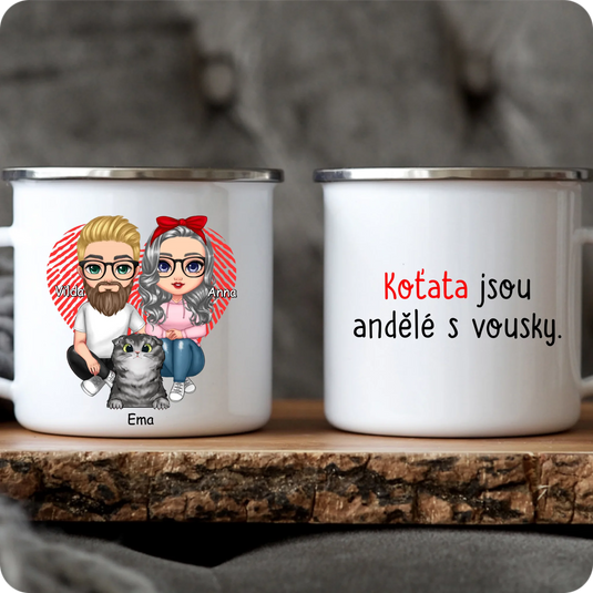 Hrníček - Sedící Chibi pár s kočkou