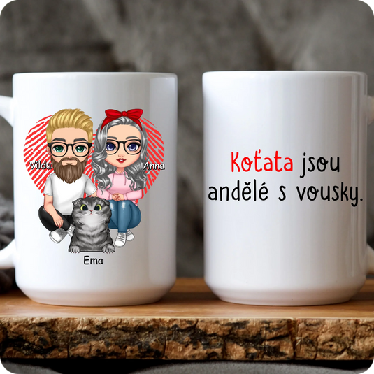 Sada 2 Hrníčků - Pár - Sedící chibi pár s kočkou