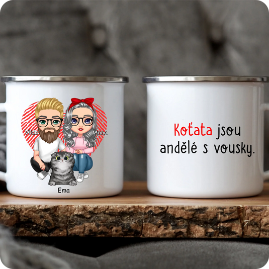 Sada 2 Hrníčků - Pár - Sedící chibi pár s kočkou