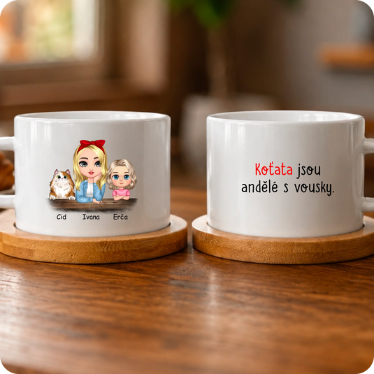 Makronka - Chibi žena a dítě s kočkou