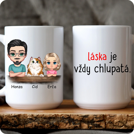 Hrníček - Chibi muž a dítě s kočkou