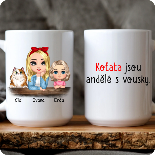 Hrníček - Chibi žena a dítě s kočkou